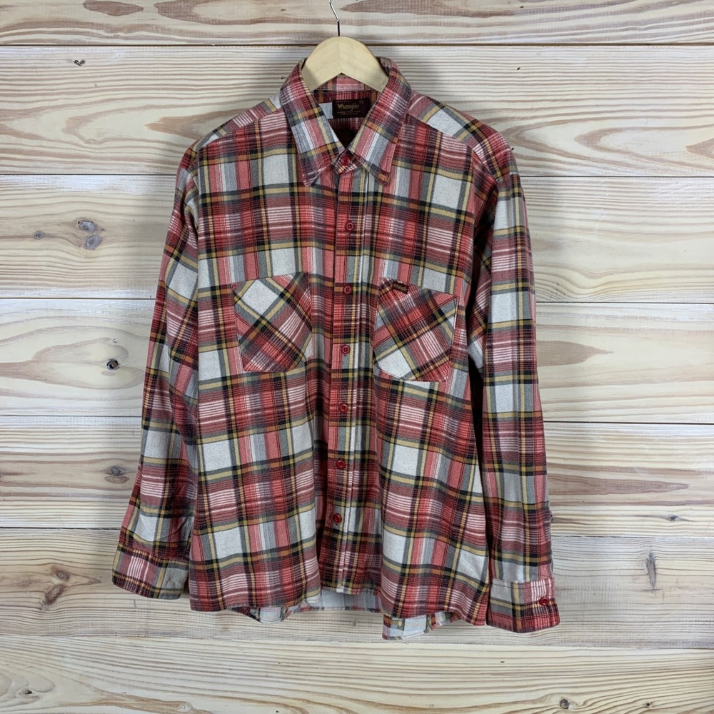 Vtg Wrangler Button Down Men XL Plaid Long Sleeve Western Flannel Shirt USA Made